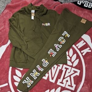 PINK Victoria's Secret Olive Green Legging Full Zip Hoodie Set W/Floral Accents